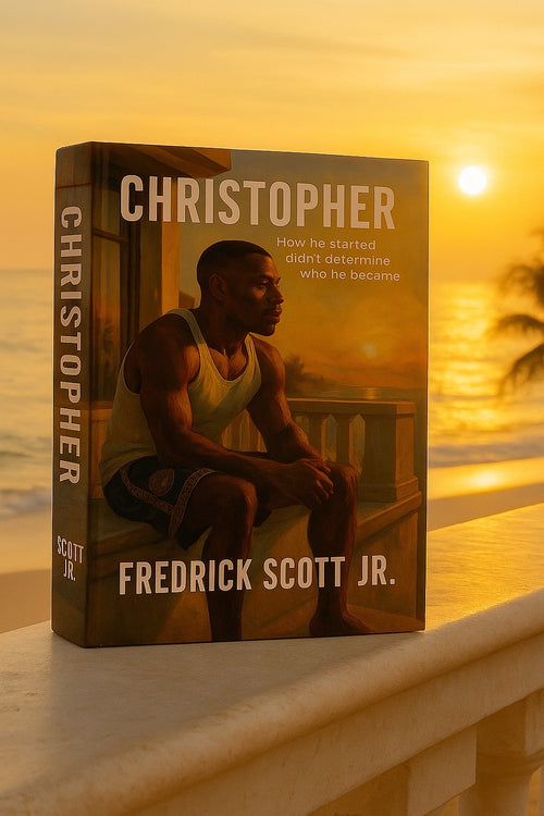 Coming of age drama novel Christopher by Fredrick Scott Jr. showing a young man sitting and reflecting at sunset