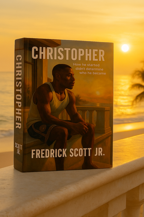 Coming of age drama novel Christopher by Fredrick Scott Jr. with sunset beach background