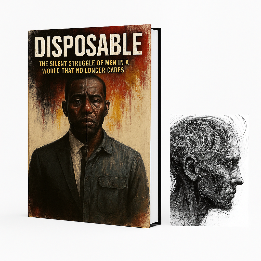 Disposable novel on men's silent struggles with a dark portrait of a man in a suit and weathered shirt