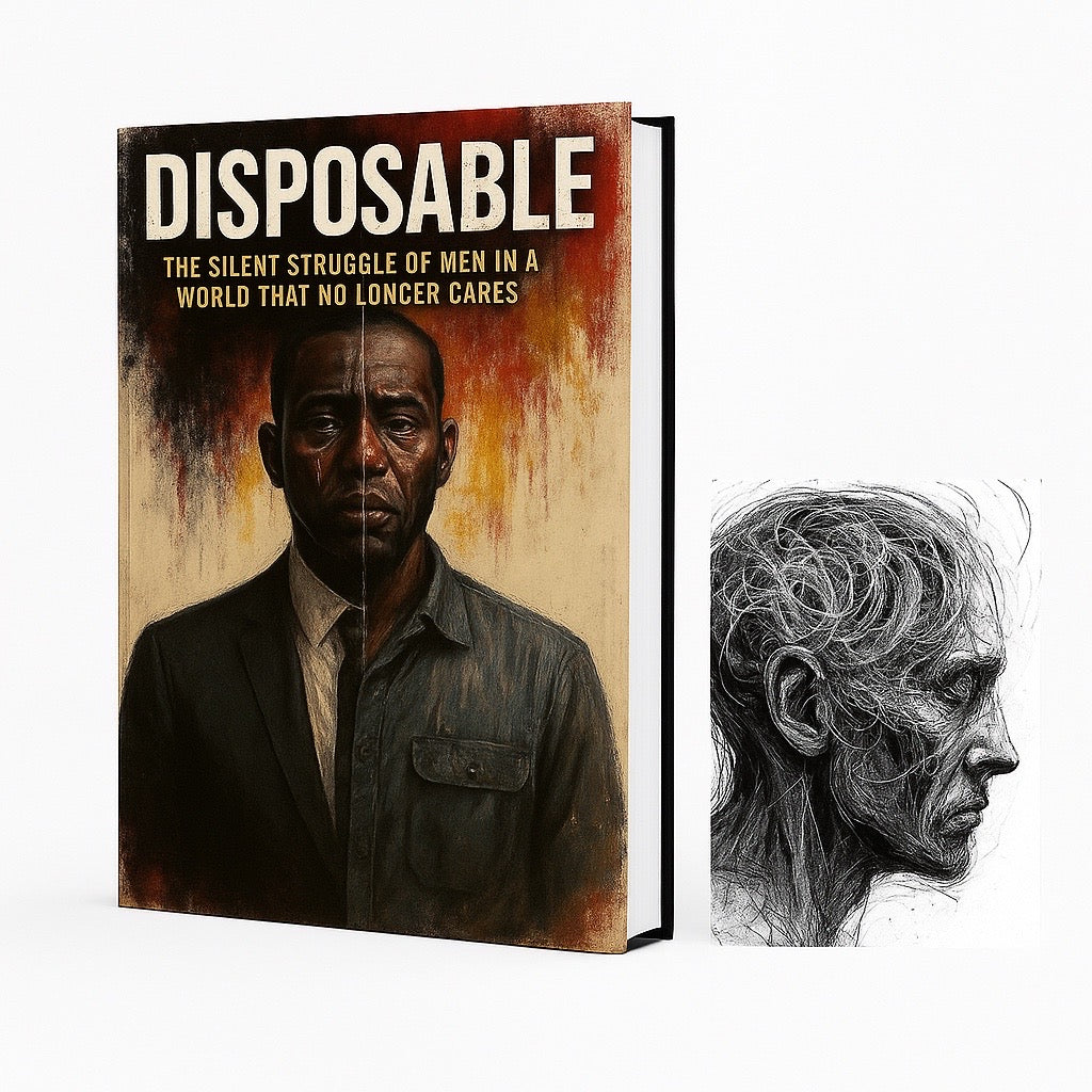 Disposable novel on men's silent struggles showing a split portrait of a man in formal and casual clothing by FSJBOOKS