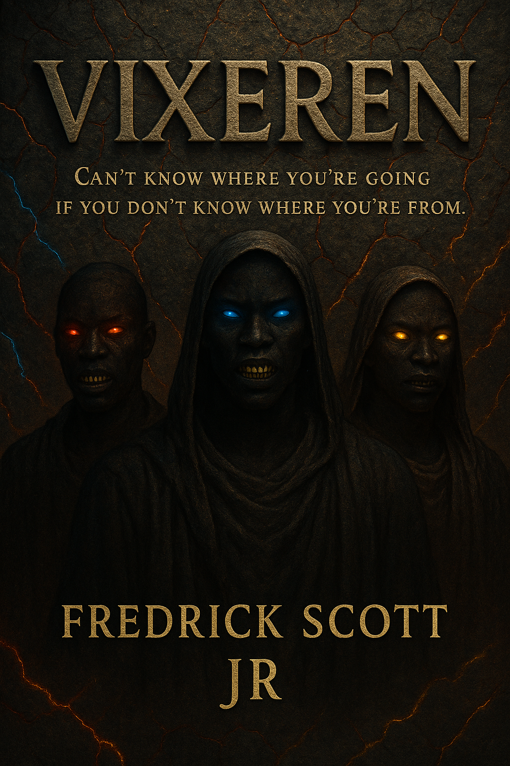 Vixeren book cover by Fredrick Scott Jr featuring dark hooded figures with glowing eyes bestselling dramatic fiction