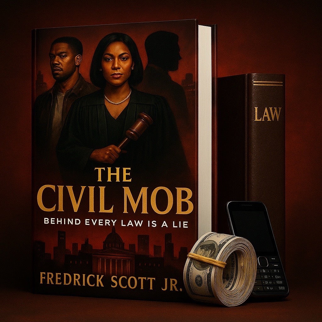 The Civil Mob book by Fredrick Scott Jr featuring best crime and legal drama books with law book phone and money roll