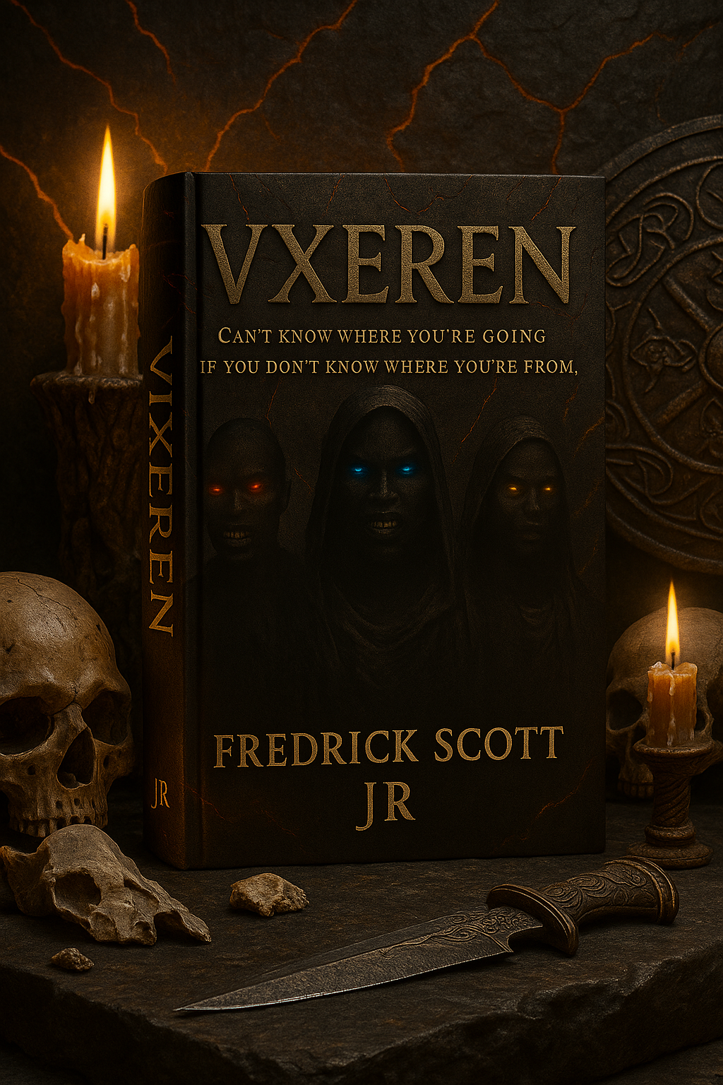 Bestselling dramatic fiction book Vxeren by Fredrick Scott JR with dark fantasy cover and eerie candlelit setting
