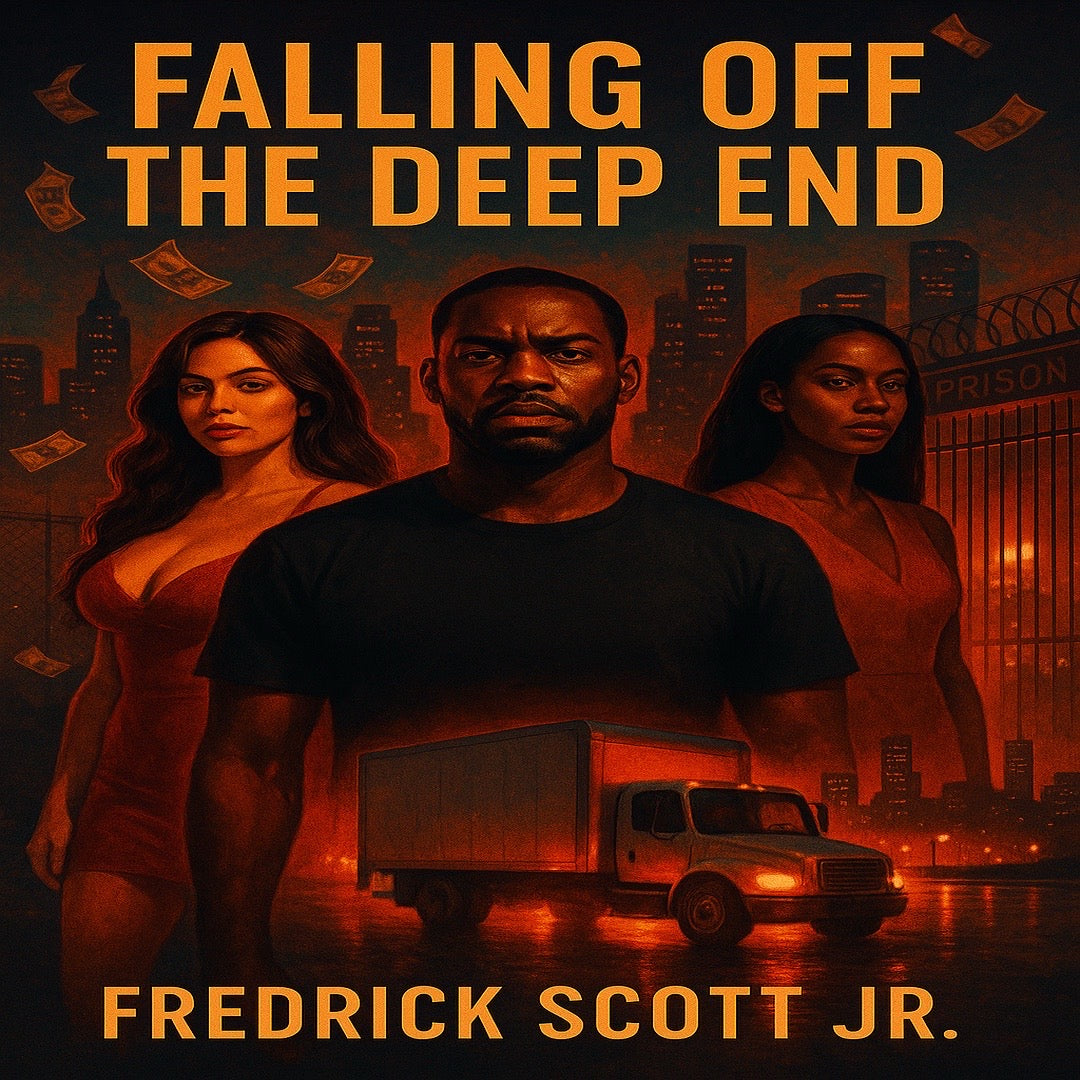 Fredrick Scott Jr. book bundle Falling Off The Deep End cover featuring three characters with city and prison background