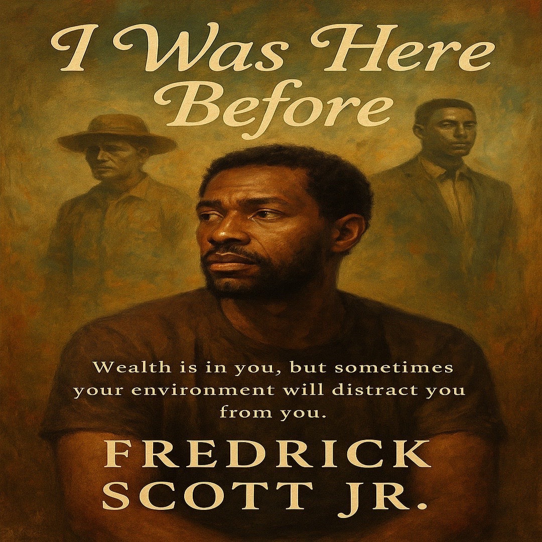 Book cover of I Was Here Before by Fredrick Scott Jr featuring a thoughtful man and books about self-discovery