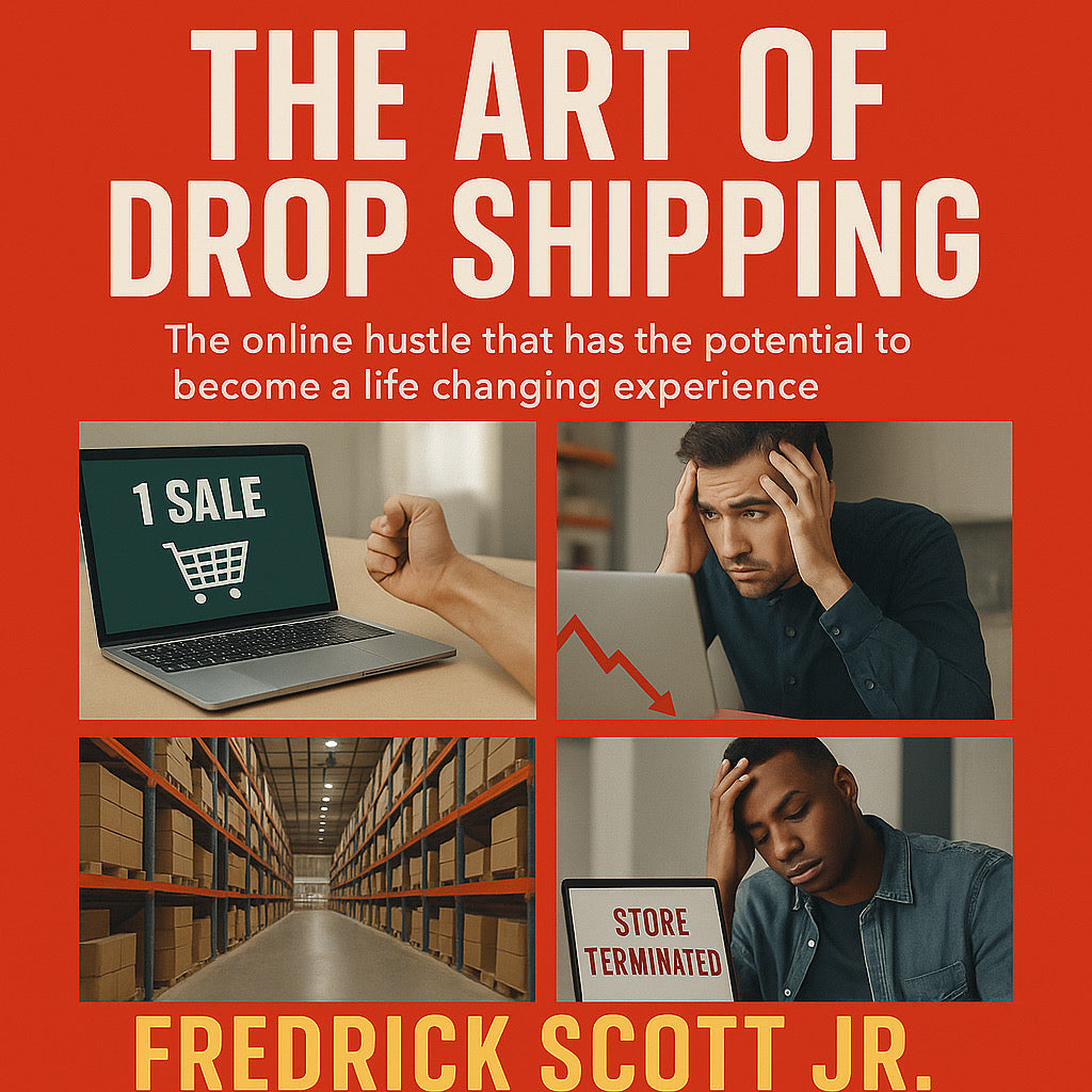 The Art of Drop Shipping book cover by Fredrick Scott Jr showing drop shipping guide for beginners with sales and warehouse images