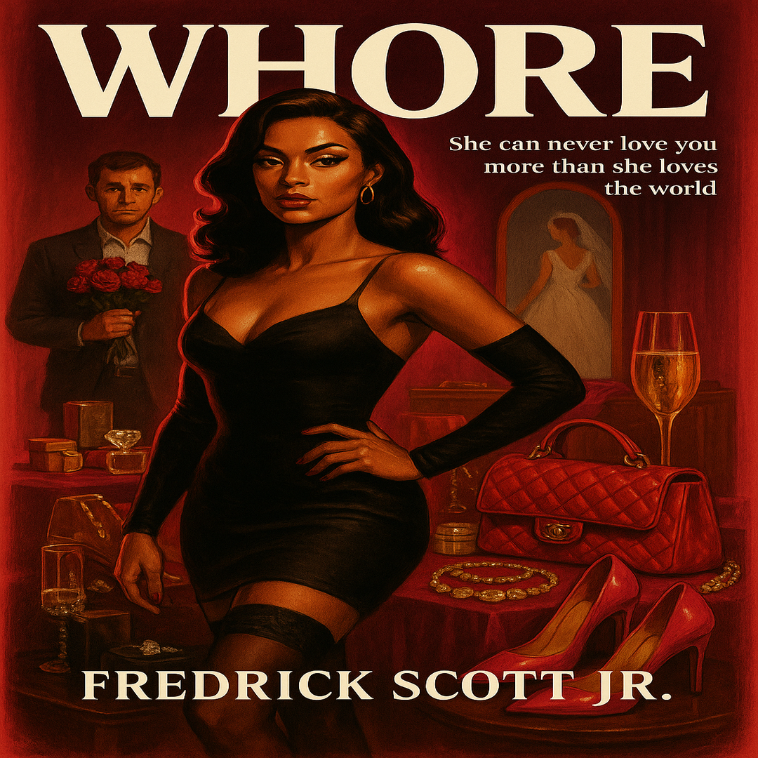 Cover of gripping adult fiction novel Whore by Fredrick Scott Jr featuring a confident woman in black dress with man holding roses