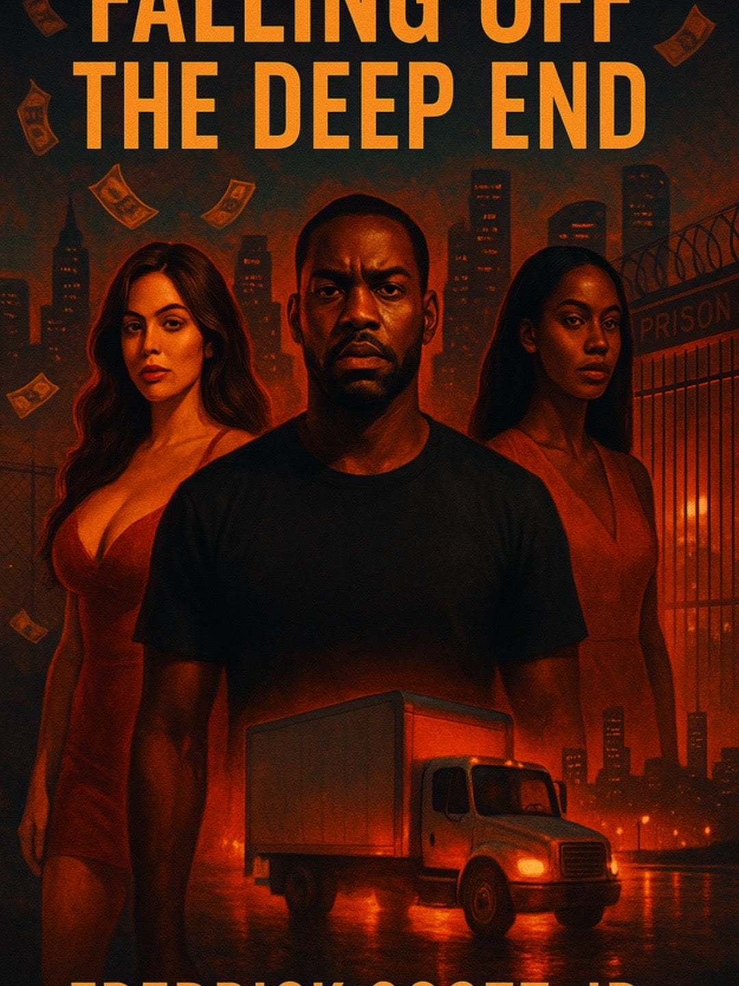Cover of suspenseful urban novels Falling Off The Deep End featuring three serious characters and a truck at night
