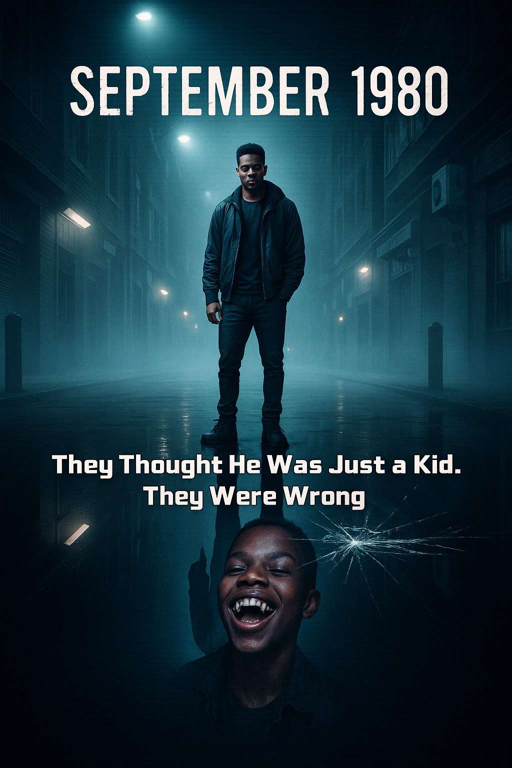 Book cover of mystery drama by Fredrick Scott Jr with a boy standing in a foggy street and a laughing child below